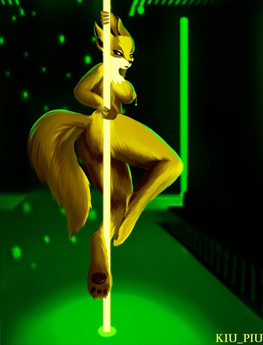 anthro anthrofied breasts dancing electronic female fur neon pokemorph pole solo striptease yellow_body yellow_fur kiu_piu nintendo pokemon eeveelution generation_1_pokemon jolteon pokemon_(species) absurd_res hi_res