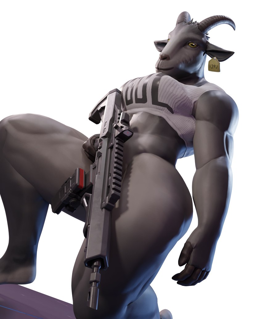 anthro assault_rifle big_muscles bottomless breasts clothed clothing crop_top ear_piercing ear_tag female fingers fur grey_body grey_fur gun holding_assault_rifle holding_gun holding_object holding_ranged_weapon holding_rifle holding_weapon hooved_fingers hooves horizontal_pupils horn kneeling muscular muscular_anthro muscular_female piercing pupils ranged_weapon rifle shirt simple_background solo thick_thighs topwear topwear_only weapon yellow_eyes ozzythegoat15 dollymolly323_(modeler) coffee_stain_studios epic_games fortnite goat_simulator pilgor_(goat_simulator) bovid caprine goat mammal 2023 3d_(artwork) absurd_res digital_media_(artwork) hi_res