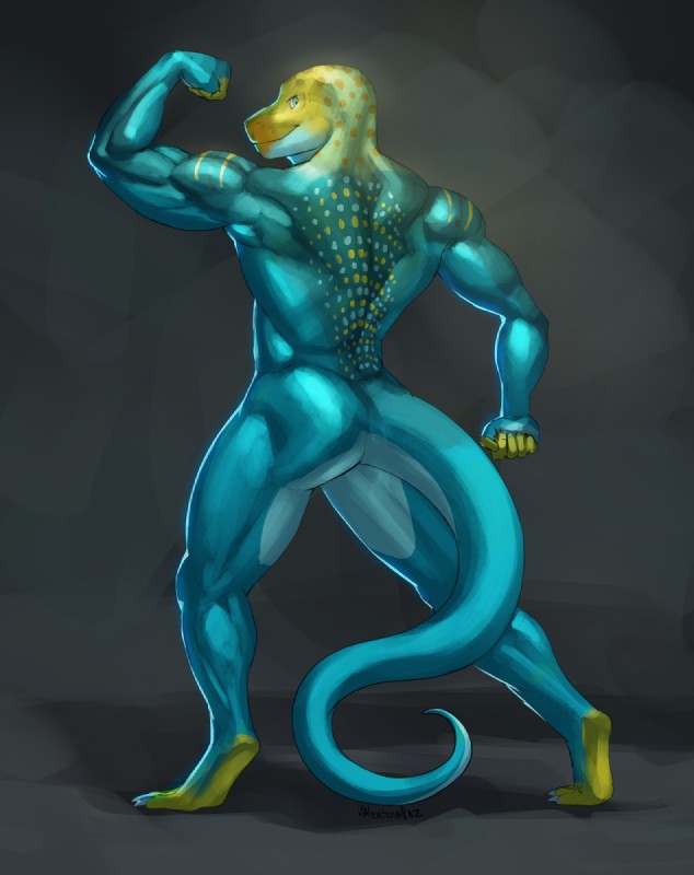 anthro back_muscles biceps blue_body blue_eyes blue_scales butt fist flexing looking_back male markings muscular muscular_anthro muscular_male nude pose rear_view scales simple_background smile solo spots standing yellow_body yellow_scales valentinapaz monroe_lehner collared_lizard common_collared_lizard lizard reptile scalie full-length_portrait hi_res portrait