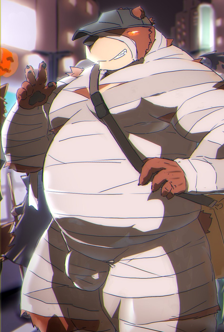 anthro belly big_belly blush brown_body bulge clothing detailed_background hat headgear headwear holidays humanoid_hands kemono male mummy_costume mummy_wrappings outside overweight overweight_male solo kisukemk777 halloween bear mammal 2023 hi_res