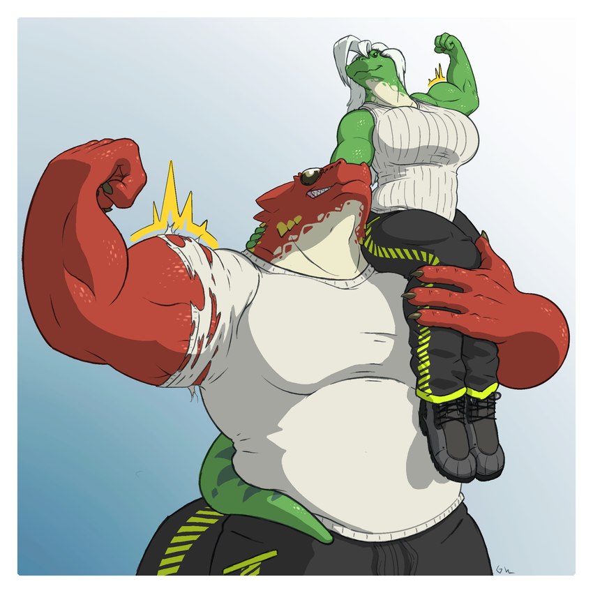 anthro big_breasts border breasts carrying_another clothed clothing duo female flexing flexing_bicep larger_male male male/female musclegut muscular muscular_female muscular_male simple_background size_difference smaller_female torn_clothing white_border gwyvern g'aad_rylek lizzyie_greine lizard reptile scalie 1:1 hi_res