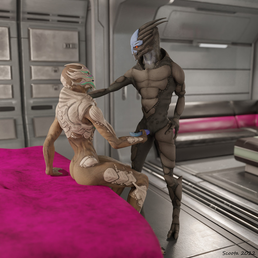 bed bedroom duo female furniture genitals holding_penis male male/female nude penis sitting standing scoota bioware electronic_arts mass_effect alien turian 1:1 3d_(artwork) absurd_res digital_media_(artwork) hi_res
