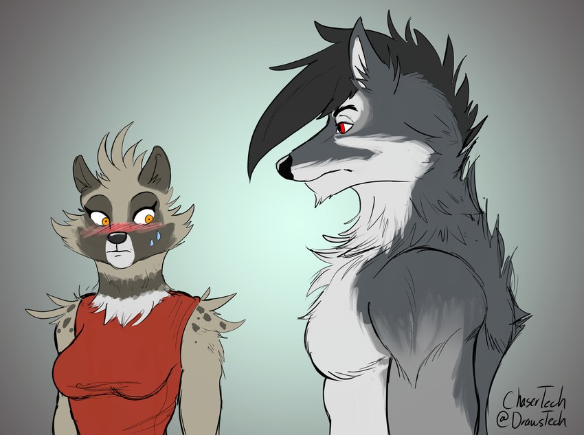 anthro blush bodily_fluids clothed clothing duo female male red_eyes spots sweat yellow_eyes chasertech girl_staring_at_man's_chest chaser_(chasertech) tabia_(chasertech) canid canine canis civet mammal viverrid wolf absurd_res hi_res meme signature