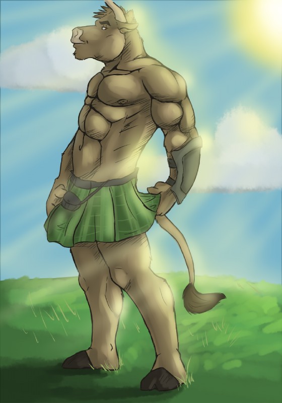 abs anthro armor athletic biceps big_muscles biped bottomwear bracers clothed clothing cloud hair hooves kilt looking_at_viewer male muscular muscular_anthro muscular_male nipples outside pecs sky solo sporran standing tail tail_tuft topless tuft amwulf brogan_(zigzagziggy) bovid bovine cattle mammal hi_res