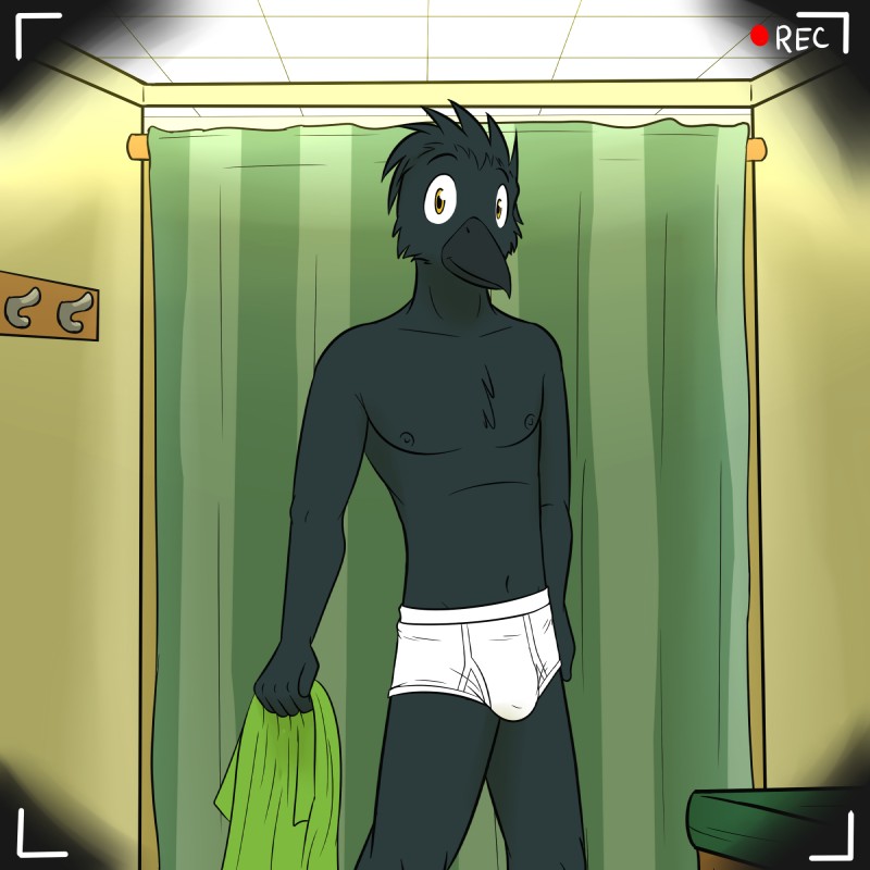 anthro briefs bulge clothed clothing coat_hook fitting_room front_view green_clothing holding_clothing holding_object inside looking_at_viewer male navel nipples non-mammal_nipples one_way_mirror recording solo standing tighty_whities topless underwear vignette white_briefs white_clothing white_underwear fuze avian bird corvid oscine passerine 1:1 hi_res