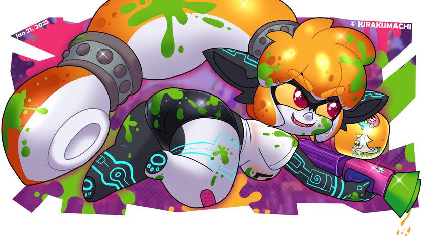 butt featureless_feet feet female footprint hair holding_object holding_weapon humanoid_pointy_ears not_furry open_mouth open_smile orange_hair paint pawprint pointy_ears pseudo_hair rear_view smile solo tentacle_hair tentacles weapon yellow_sclera kirakumachi nintendo splatoon the_legend_of_zelda twilight_princess midna cephalopod humanoid imp inkling marine mollusk twili