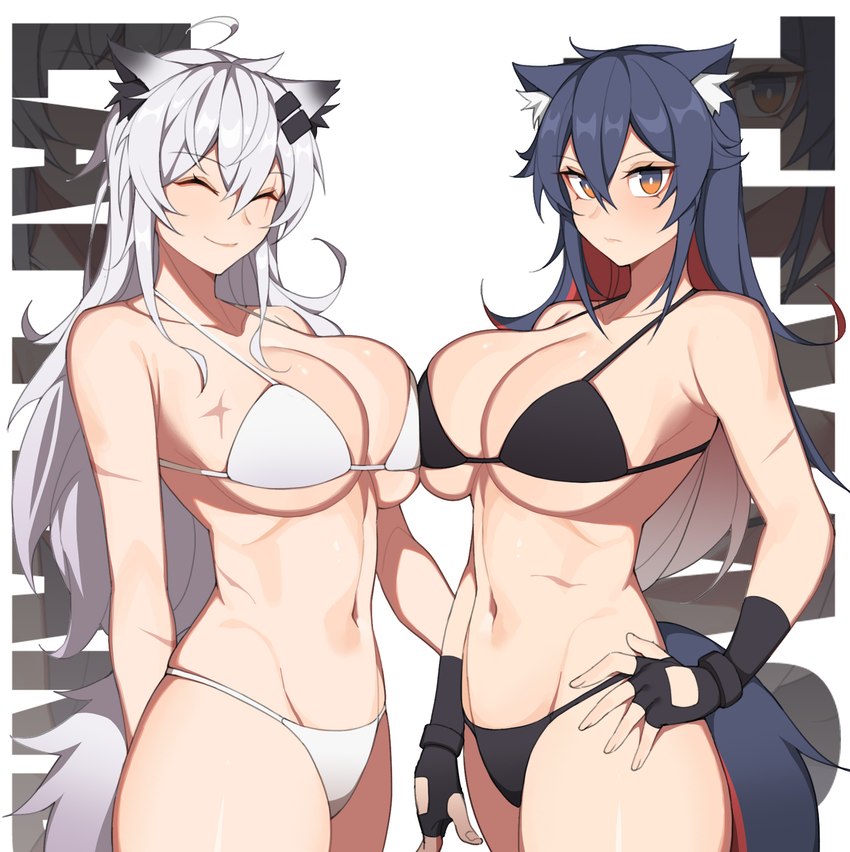 accessory big_breasts bikini black_bra black_clothing black_underwear bra breast_squish breasts clothing duo eyes_closed female fingerless_gloves fur gloves hair hair_accessory hairclip handwear long_hair looking_at_viewer navel scar simple_background smile squish swimwear two-piece_swimsuit underwear white_bra white_clothing white_hair white_underwear hanenosaki arknights hypergryph studio_montagne lappland_(arknights) texas_(arknights) animal_humanoid canid canid_humanoid canine canine_humanoid humanoid mammal mammal_humanoid wolf_humanoid 2022 hi_res