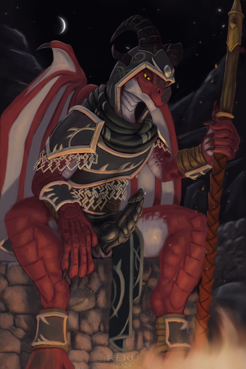 armor bedroom_eyes belly black_clothing black_penis bodily_fluids bottomwear bottomwear_aside clothed clothing clothing_aside erection fire genital_fluids genitals holding_object holding_staff horn knot knotted_penis loincloth loincloth_aside looking_at_viewer male moon multicolored_body multicolored_scales narrowed_eyes night outside penis precum precum_on_penis red_body red_scales ridged_penis scales seductive sitting smile solo staff two_tone_body two_tone_scales weapon white_belly white_body white_scales wings yellow_eyes reku_illustration blizzard_entertainment european_mythology mythology warcraft dracthyr dragon mythological_creature mythological_scalie scalie western_dragon 2:3 absurd_res hi_res