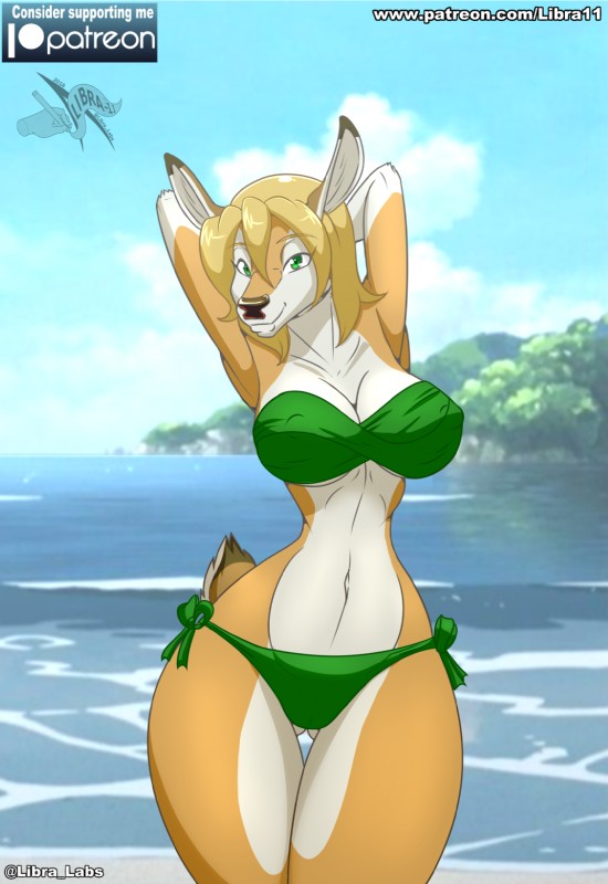 anthro arms_above_head bare_shoulders beach bikini biped blonde_hair breasts brown_body brown_fur brown_nose brown_tail camel_toe cleavage clothed clothing detailed_background dipstick_tail exposure_variation female fur gloves_(marking) green_eyes hair looking_at_viewer markings multicolored_body multicolored_fur multicolored_tail navel nipple_outline patreon_logo pose seaside short_tail small_waist smile solo strapless_clothing swimwear tail tail_markings text thick_thighs thigh_gap two-piece_swimsuit two_tone_body two_tone_fur water white_body white_fur white_tail wide_hips libra-11 patreon deer mammal 2018 digital_media_(artwork) english_text hi_res pinup url