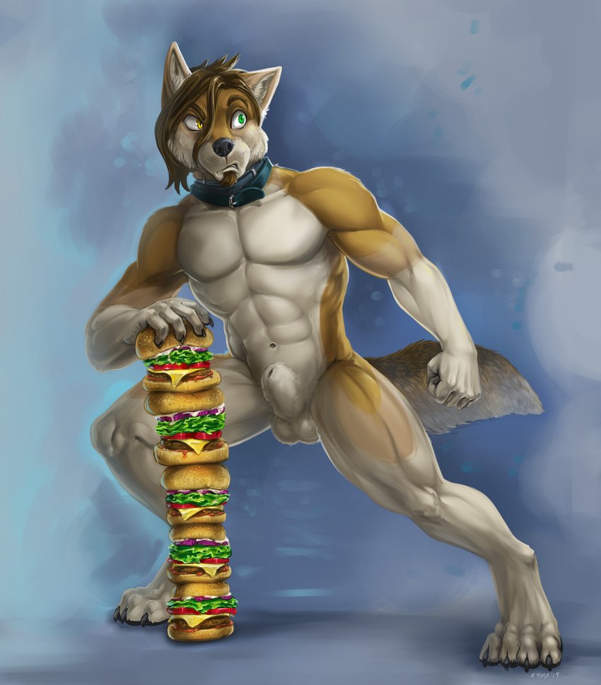 abs animal_genitalia anthro balls biceps big_muscles black_claws brown_hair burger cheek_tuft cheese claws collar collar_only dairy_products digitigrade facial_hair facial_tuft fist food front_view frown fruit fully_sheathed genitals goatee hair heterochromia holding_food holding_object inner_ear_fluff ketchup lettuce looking_aside male male_anthro mayonnaise meat muscular muscular_male navel nude onion pecs plant pose quads sesame_seed_bun sheath short_hair simple_background solo stack tomato triceps tuft vegetable whiskers wide_eyed kyma kyma_(character) canid canine canis coyote domestic_dog husky hybrid mammal nordic_sled_dog spitz 2019 absurd_res full-length_portrait hi_res portrait