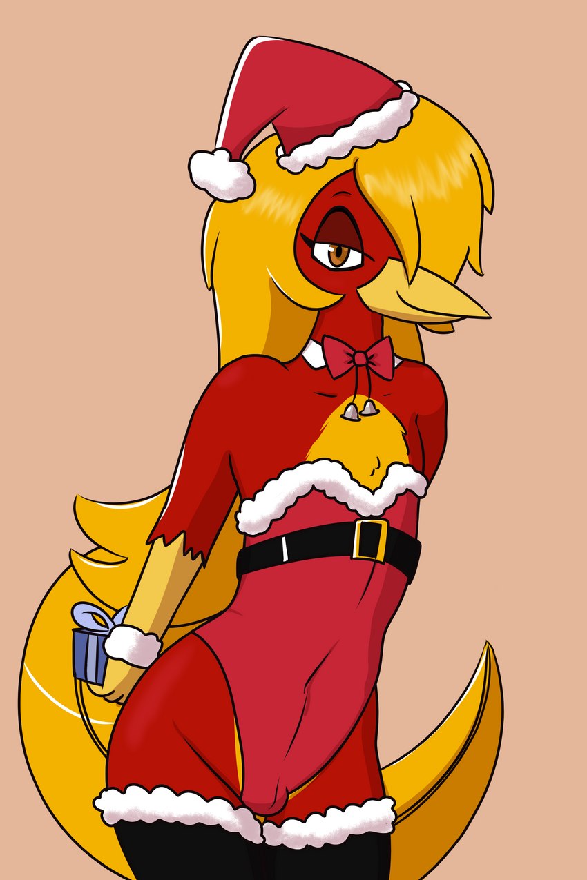 anthro beak bell bow_tie bulge christmas_clothing christmas_headwear clothed clothing crossdressing feathers femboy gift hair hat headgear headwear holidays legwear leotard long_hair long_tail male red_body red_feathers santa_hat stockings tail yellow_beak yellow_body yellow_feathers matachu christmas glori_gamebird avian bird chrysolophus galliform golden_pheasant phasianid 2:3 absurd_res hi_res