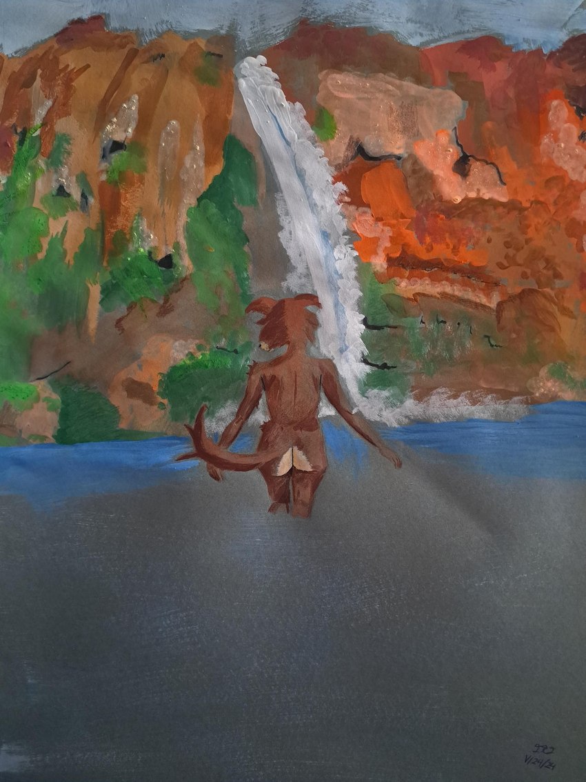 anthro arizona arm_tuft brown_body brown_fur butt cliff countershade_butt countershading desert female fur hip_tuft looking_back nude pond public public_nudity shoulder_tuft skinny_dipping solo tan_body tan_countershading tan_fur tuft walking waterfall gotadraw beastars juno_(beastars) canid canine canis mammal wolf hi_res mixed_media traditional_media_(artwork)