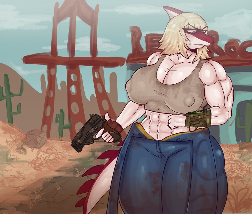 5_fingers abs anthro biceps big_breasts big_muscles blonde_hair blue_eyes blue_sky bodily_fluids bone_frill breasts cactus cleavage clothed clothing cosplay crop_top crossover_cosplay curvy_figure desert detailed_background eyelashes female fingerless_gloves fingers frill_(anatomy) gloves gun hair handwear huge_muscles hyper long_hair long_tail multicolored_body multicolored_scales muscular muscular_anthro muscular_arms muscular_female nipple_outline outside pip-boy plant ranged_weapon red_body red_scales scales shirt sky solo spiked_tail spikes spikes_(anatomy) sweat sweatdrop tail thick_thighs topwear two_tone_body two_tone_scales vault_suit voluptuous weapon white_body white_scales wide_hips kenonsfw bethesda_game_studios cavemanon_studios fallout i_wani_hug_that_gator microsoft mia_moretti dinosaur hadrosaurid ornithischian ornithopod parasaurolophus prehistoric_species reptile scalie 2024 absurd_res crossover digital_drawing_(artwork) digital_media_(artwork) hi_res