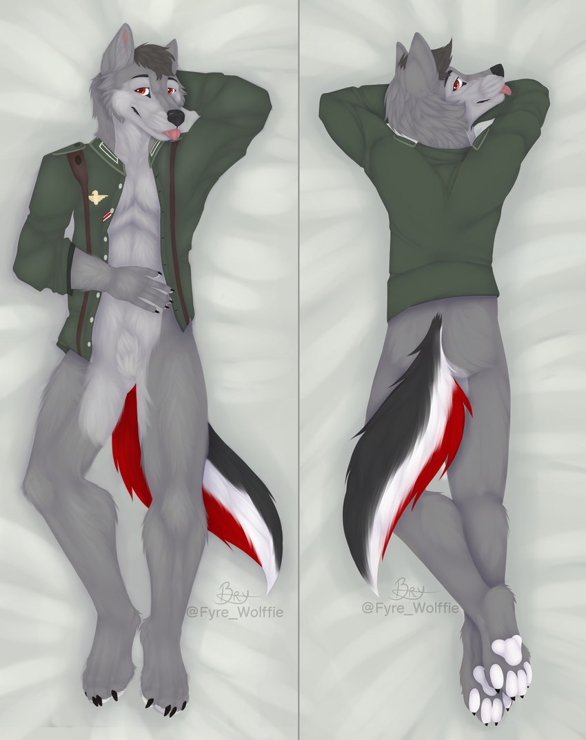 anthro clothing dakimakura front_view male military_uniform rear_view solo tongue tongue_out uniform fyre_wolffie warwolffritz canid canine canis mammal wolf absurd_res dakimakura_design hi_res