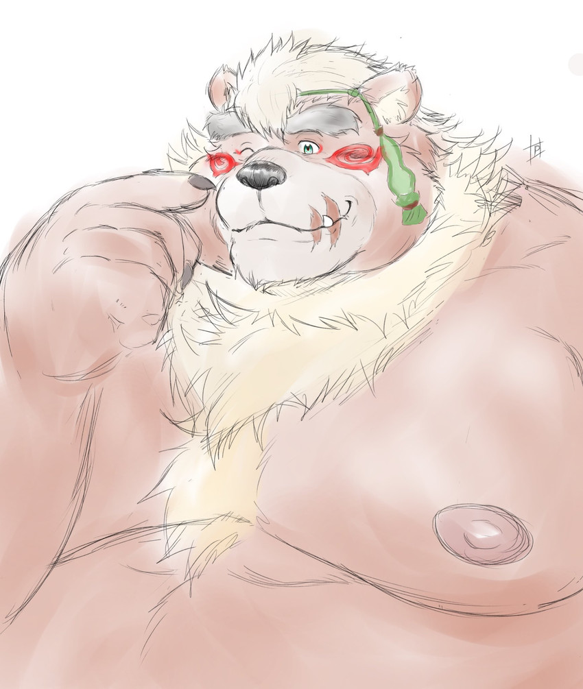 anthro belly brown_body brown_fur cute_fangs fangs fur humanoid_hands kemono male moobs nipples one_eye_closed overweight overweight_anthro overweight_male simple_background solo teeth white_background wink pochizizi lifewonders tokyo_afterschool_summoners kimun_kamui_(tas) bear mammal 2021 half-length_portrait hi_res portrait