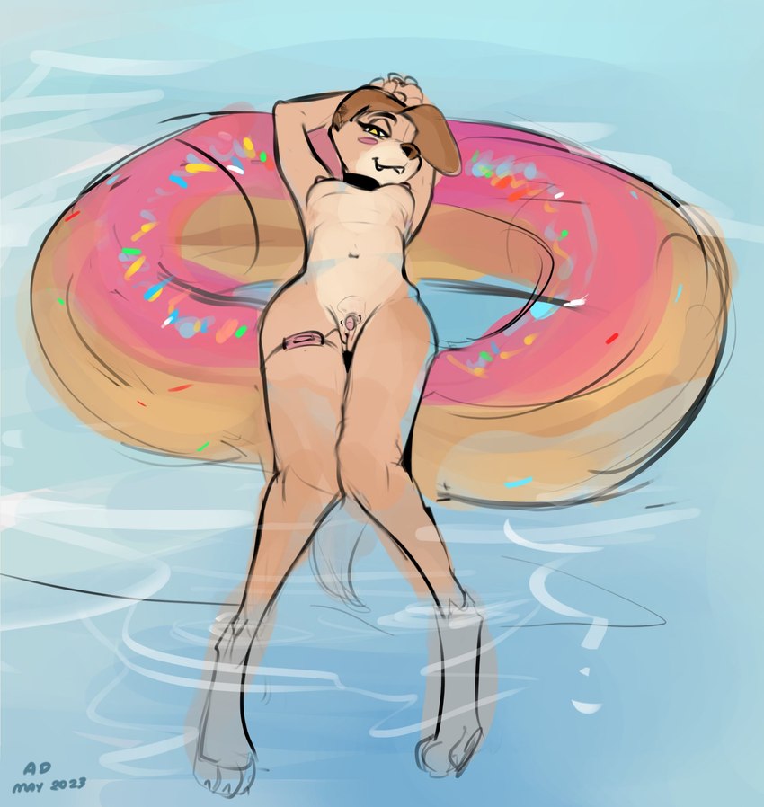 anthro blush breasts controller donut_pool_toy female genitals hands_behind_head looking_at_viewer lying nude on_back pool_toy pussy sex_toy solo vibrator water azuredeer canid canine canis domestic_dog mammal colored_sketch digital_media_(artwork) hi_res sketch