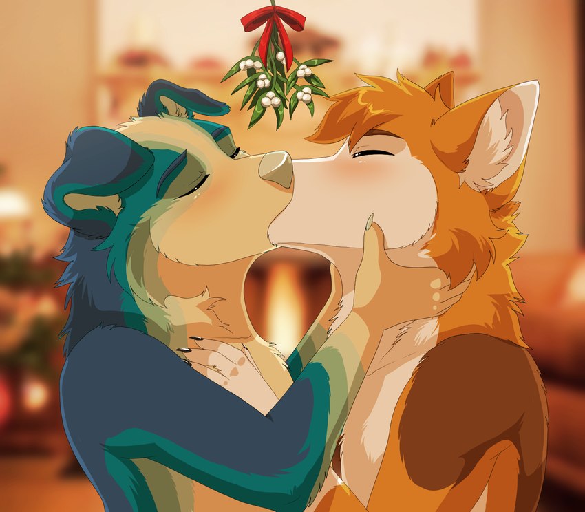 anthro claws duo eyes_closed inner_ear_fluff kissing male male/male mistletoe plant romantic tuft lawkie canid canine mammal hi_res