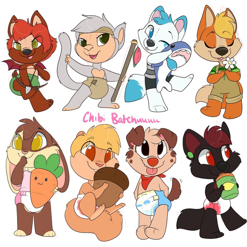 anthro arrow_(weapon) black_body black_ears black_fur black_nose black_tail blep blonde_hair blue_body blue_diaper blue_ears blue_eyes blue_fur blue_tail bow_(weapon) brown_body brown_ears brown_fur brown_tail chibi clean_diaper clothed clothing diaper diaper_under_clothing dipstick_ears ear_markings ear_piercing eyebrow_through_hair eyebrows eyes_closed female floppy_ears front_view fur glistening glistening_eyes glistening_nose green_diaper green_eyes green_piercing grey_body grey_ears grey_fur grey_hair grey_tail group hair head_tuft male multicolored_ears open_mouth open_smile orange_body orange_diaper orange_ears orange_fur orange_tail partially_clothed piercing pink_diaper pink_inner_ear pink_nose pink_tongue plushie ranged_weapon red_diaper red_eyes red_hair red_inner_ear red_nose simple_background smile standing tail tan_body tan_fur tan_inner_ear tan_tail teeth toddler tongue tongue_out topless translucent translucent_hair tuft weapon wearing_diaper white_background white_diaper white_ears white_tail yellow_eyes young young_anthro heyitsjaq canid canine canis domestic_dog haplorhine lagomorph leporid mammal monkey primate rabbit rodent sciurid tree_squirrel 1:1 hi_res