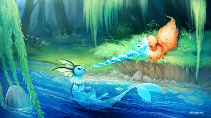 ambiguous_gender detailed_background duo feral flower forest grass nature outside paws plant river sunny tail text tree water eldrige nintendo pokemon canid canine eeveelution flareon generation_1_pokemon mammal pokemon_(species) vaporeon 16:9 url widescreen