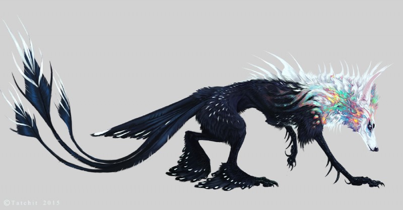 ambiguous_gender black_body black_feathers black_fur claws feathers feral fur multicolored_body multicolored_fur quadruped simple_background solo spikes spikes_(anatomy) standing two_tone_body two_tone_fur nukerooster feonix