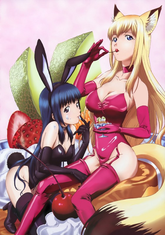 blonde_hair blue_eyes blue_hair boots breasts bunny_costume cleavage clothed clothing cosplay costume cotton_tail cream_(food) detailed_food duo fake_ears fake_rabbit_ears female food food_fetish footwear fox_tail fruit hair honeydew_melon lingerie looking_at_viewer melon micro on_food plant pose shoes suggestive suggestive_food tail teddy_(clothing) unknown_artist megami wagaya_no_oinari_san kou_(character) tenko_kuugen animal_humanoid canid canid_humanoid canine canine_humanoid fox fox_humanoid human humanoid mammal mammal_humanoid absurd_res detailed hi_res pinup