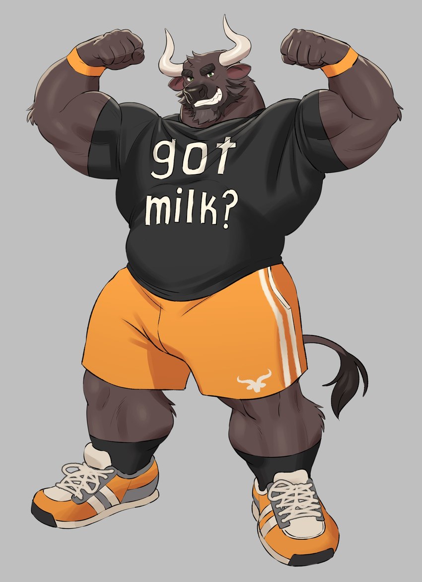 2_horns 5_fingers anthro biceps bottomwear brown_body brown_fur clothing fingers flexing footwear front_view fur horn male muscular muscular_anthro muscular_male shirt shoes shorts simple_background sneakers solo t-shirt tail topwear adios angus_(adios) bovid bovine cattle mammal absurd_res hi_res