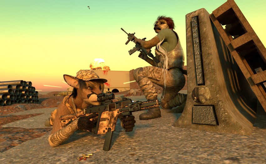 anthro assault_rifle battle desert duo dusk explosion femboy gun gunfire husky_retriever_mix male mercenary outside ranged_weapon rifle shootout submachine_gun sunset tactical_gear weapon perturbedmania matthew_cooke zander_murphy canid canine canis domestic_dog kangaroo macropod mammal marsupial 3d_(artwork) daz_studio_(artwork) digital_media_(artwork) hi_res