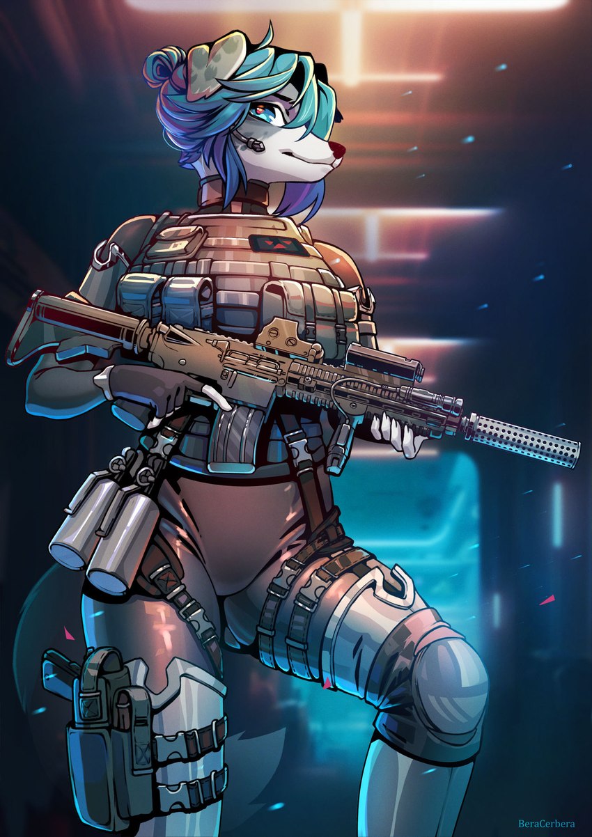 anthro ar_platform armor bangs blue_eyes blue_hair body_armor clothing electronics eotech explosives female fingerless_gloves foregrip gloves grenade grey_body gun hair hair_bun handgun handwear holster knee_pads microphone one_leg_up patch_(fabric) pistol pupils raised_leg ranged_weapon red_pupils rifle silencer solo tail tight_clothing trigger_discipline weapon cerbera canid canine mammal 2023 hi_res