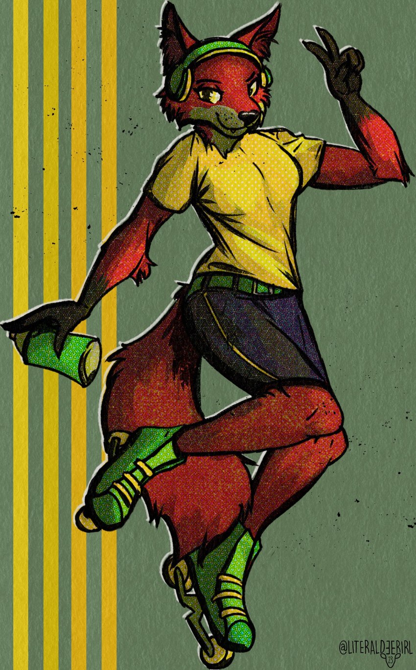 anthro belt black_nose blue_bottomwear blue_clothing blue_shorts bottomwear breasts clothed clothing electronics eyebrows fangs female female_anthro fur gesture green_background green_belt grey_body grey_fur hand_gesture headphones inline_skates looking_at_viewer plantigrade red_body red_fur roller_skates shirt shorts simple_background smile snout solo spray_can t-shirt tail teeth topwear v_sign yellow_clothing yellow_eyes yellow_shirt yellow_topwear literaldeerirl canid canine fox mammal red_fox true_fox 2023 adobe_photoshop_(artwork) digital_drawing_(artwork) digital_media_(artwork) full-length_portrait hi_res portrait screentone shaded