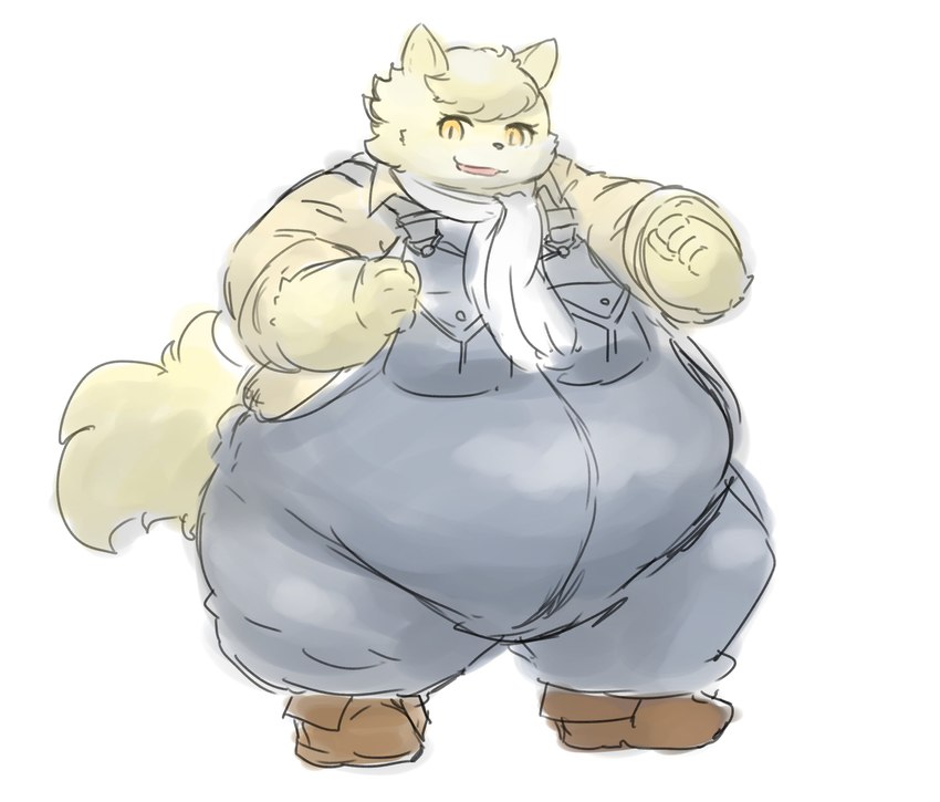 anthro belly boots clothing footwear fur male obese overalls overweight scarf shoes simple_background solo white_background white_body white_fur yellow_eyes young gabu2929 cyberconnect2 fuga:_melodies_of_steel little_tail_bronx boron_brioche domestic_cat felid feline felineko felis mammal absurd_res hi_res