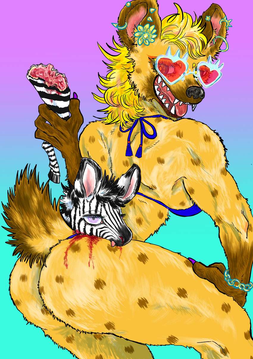 anthro bikini bikini_top blonde_hair blood bodily_fluids bracelet breasts butt clothing crush death decapitation dismemberment duo ear_piercing ear_ring eyewear female fur glasses gore hair heart_symbol industrial_piercing jewelry kemono looking_at_viewer markings nosebleed piercing ring_piercing severed_body_part severed_head simple_background smile spots stripes sunglasses swimwear two-piece_swimsuit kyokyota equid equine hyena mammal zebra 2020 absurd_res hi_res