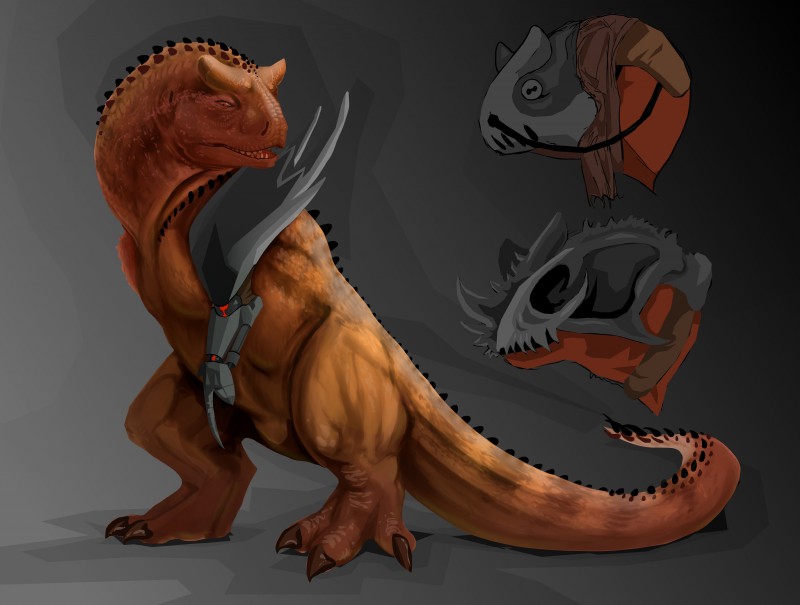 ambiguous_gender armor claws feral scar simple_background solo spines teeth sunbull garra abelisaurid carnotaurus dinosaur prehistoric_species reptile scalie theropod absurd_res hi_res model_sheet