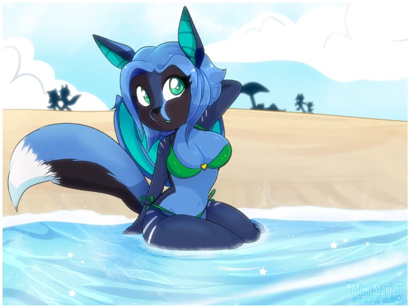 anthro beach blue_body blue_fur breasts chibi crossgender detailed_background female fur group membrane_(anatomy) membranous_wings outside sand seaside sky solo_focus water wings mimimarie phoxxy bat canid canine fennec_fox fox hybrid mammal true_fox