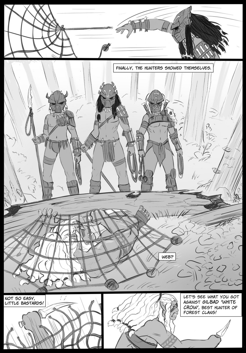 anthro dialogue female forest group holding_knife holding_object knife male mask melee_weapon net plant polearm profanity rope spear text throw_net trap_(contrivance) trapped trapped_in_net tree weapon flick-the-thief alien humanoid orc comic english_text hi_res monochrome