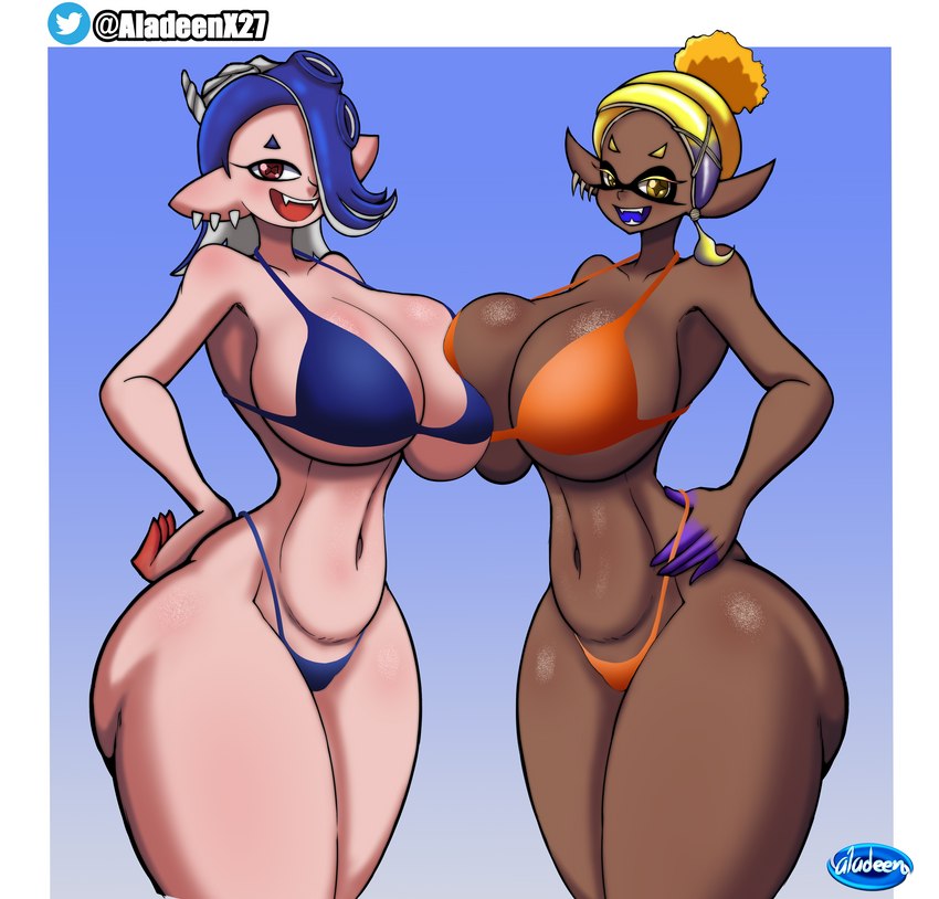 big_breasts bikini blue_background bottomwear bottomwear_pull breast_squish breasts breasts_frottage brown_body brown_skin clothing clothing_pull curvy_figure dark_body dark_skin deep_navel duo ear_piercing fangs female hair hair_over_eye hand_on_hip huge_breasts humanoid_pointy_ears light_body light_skin navel one_eye_obstructed open_mouth piercing pointy_ears pseudo_hair red_eyes simple_background squish swimwear teeth two-piece_swimsuit wide_hips yellow_eyes aladeen nintendo splatoon frye_(splatoon) shiver_(splatoon) animal_humanoid cephalopod cephalopod_humanoid humanoid inkling marine marine_humanoid mollusk mollusk_humanoid octarian octoling absurd_res hi_res