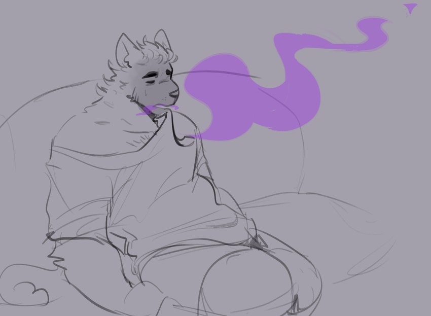 anthro arm_tuft clothed clothed_anthro clothed_male clothing elbow_tuft furniture grey_background male male_anthro purple_smoke shirt simple_background sitting smoke sofa solo topwear tuft melaisen canid canine canis domestic_dog mammal 2021 absurd_res digital_drawing_(artwork) digital_media_(artwork) hi_res monochrome sketch spot_color