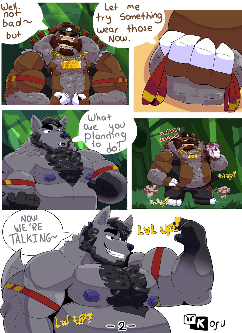 anthro belly black_hair brown_body brown_fur brown_hair claws detailed_background dialogue duo eating flexing flexing_bicep fur gloves_(marking) grey_body grey_fur grey_hair hair jewelry male male/male markings muscular necklace nipples overweight pubes purple_nipples smile smirk text kofu_grizzly_chubby nintendo pokemon bear canid canine canis generation_8_pokemon mammal pokemon_(species) ursaluna wolf absurd_res comic english_text hi_res