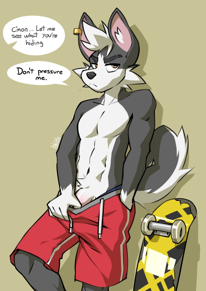 abs anthro athletic athletic_male clothed clothing ear_piercing genitals male pecs penis penis_base piercing skateboard solo topless undressing vehicle blyfist canid canine canis domestic_dog mammal absurd_res hi_res