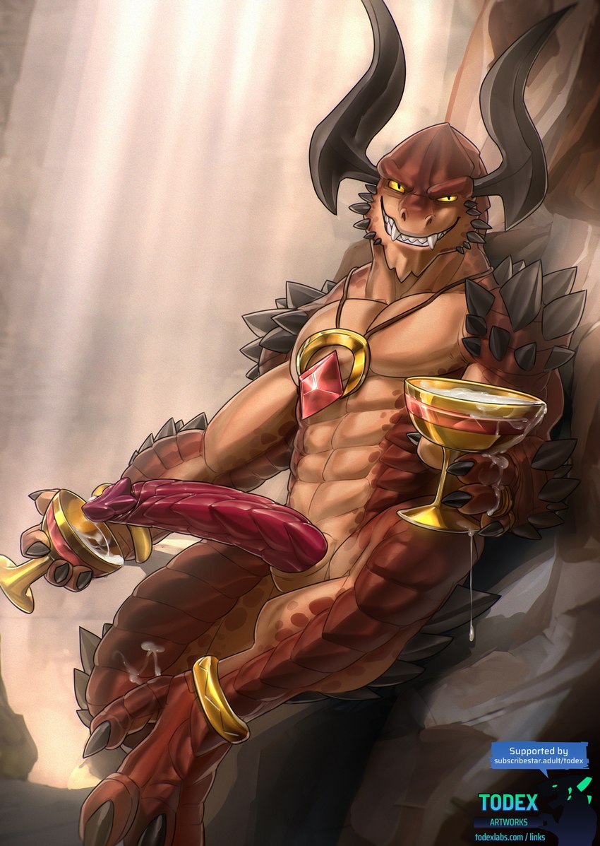 abs anthro big_penis bodily_fluids container cum cum_chalice cum_in_a_cup cum_in_container cup erection excessive_cum excessive_genital_fluids genital_fluids genitals goblet grin horn looking_at_viewer male pecs penis smile solo text todex hi-rez_studios mythology paladins_(game) drogoz_(paladins) dragon mythological_creature mythological_scalie scalie hi_res url