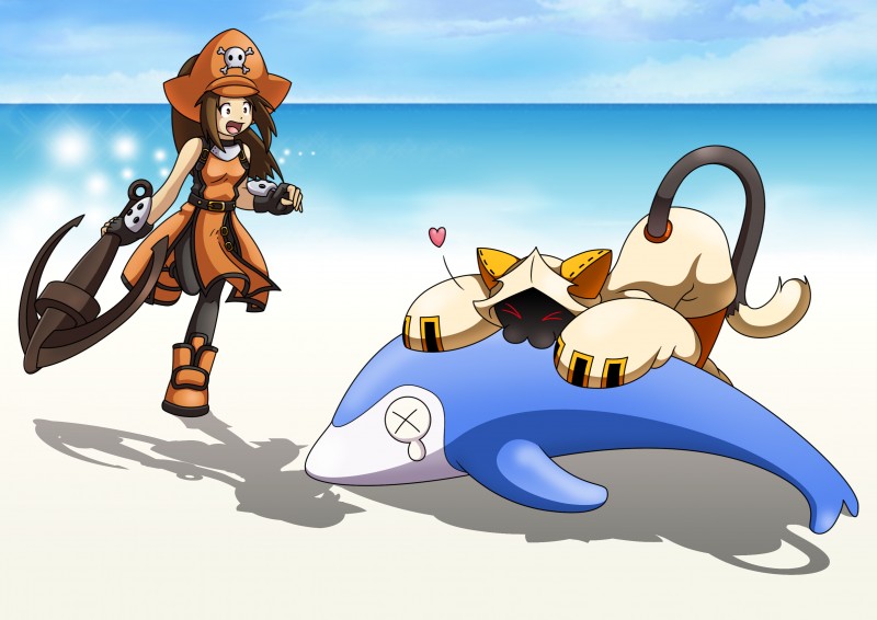 5_fingers anchor beach belt bite bodily_fluids bone boots brown_eyes brown_hair clothing crying detailed_background female feral fingers footwear gloves group hair handwear happy heart_symbol outside pirate red_eyes sand seaside shadow_face shoes silly skull sky surprise tears water emiridian arc_system_works blazblue guilty_gear may_(guilty_gear) taokaka animal_humanoid cat_humanoid cetacean dolphin domestic_cat felid felid_humanoid feline feline_humanoid felis human humanoid kaka_(blazblue) mammal mammal_humanoid marine oceanic_dolphin toothed_whale absurd_res crossover hi_res