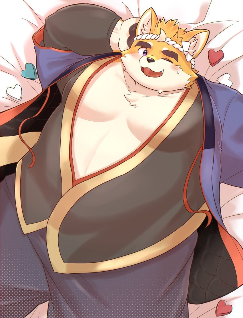 anthro asian_clothing bed belly blush clothed clothing east_asian_clothing eyebrows furniture heart_symbol japanese_clothing kimono lying male moobs on_back one_eye_closed open_clothing open_kimono overweight purple_eyes solo text thick_eyebrows wink yamacon0105 tamacolle musashi_(tamacolle) canid canine canis domestic_dog mammal english_text hi_res