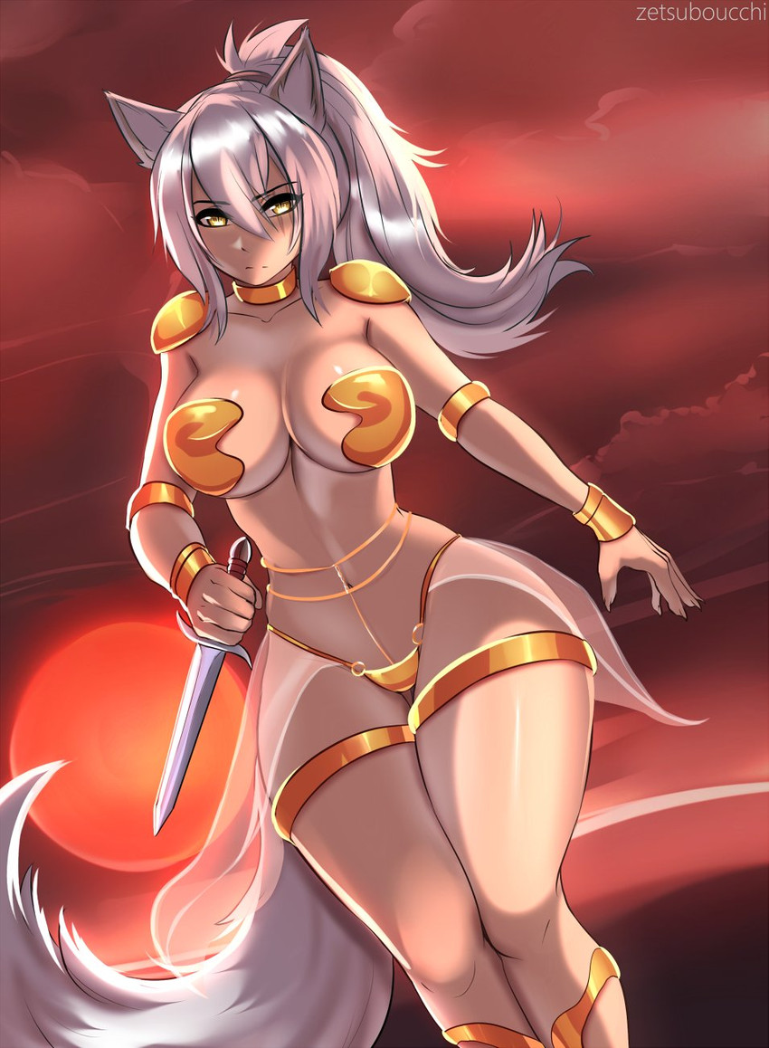 big_breasts breasts clothed clothing female holding_object holding_weapon ineffective_armour knife skimpy solo weapon wide_hips zetsuboucchi animal_humanoid canid canid_humanoid canine canine_humanoid humanoid mammal mammal_humanoid digital_media_(artwork) hi_res shaded