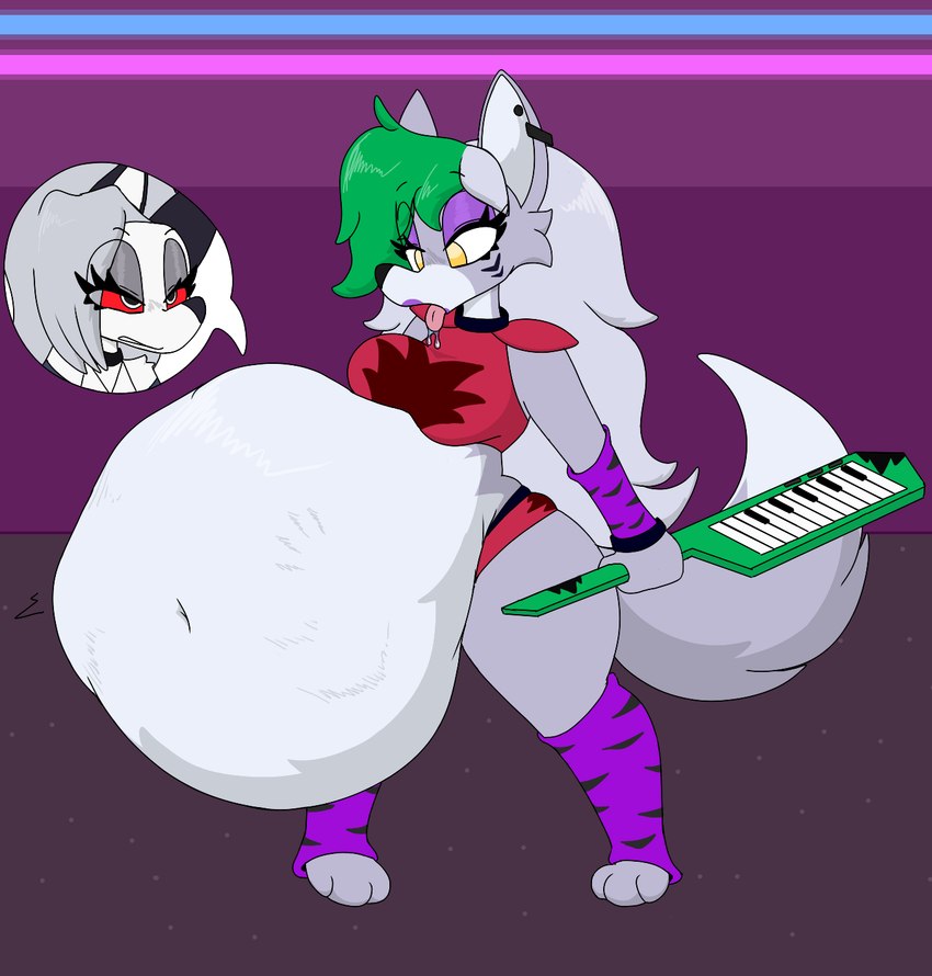 annoyed anthro anthro_pred belly big_belly breasts demon_prey duo female female/female female_pred female_prey huge_belly keyboard keyboard_instrument machine musical_instrument musical_keyboard navel same_size_vore tongue tongue_out vore willing_pred carnivorousvixen five_nights_at_freddy's five_nights_at_freddy's:_security_breach helluva_boss mythology scott_cawthon scottgames steel_wool_studios loona_(helluva_boss) roxanne_wolf animatronic canid canid_demon canine canis demon hellhound mammal mythological_canine mythological_creature robot wolf wolf_demon wolfhound crossover digital_media_(artwork) hi_res