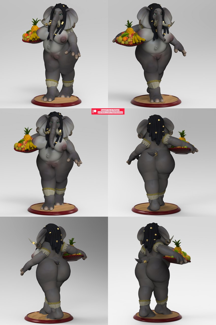 anthro big_breasts big_butt breasts butt dreadlocks ear_piercing ear_ring female food fruit piercing plant platter ring_piercing solo thick_thighs tusks wide_hips bambookat elephant elephantid mammal proboscidean 2:3 3d_(artwork) absurd_res digital_media_(artwork) hi_res