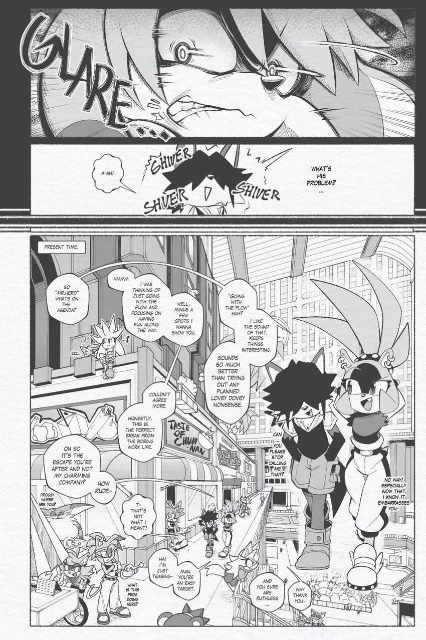 anthro death_glare dialogue ear_piercing female food_cart male mall piercing sleeping speech_bubble text euf-dreamer idw_publishing sega sonic_the_hedgehog_(comics) sonic_the_hedgehog_(idw) sonic_the_hedgehog_(series) background_character big_the_cat fan_character kitsunami_the_fennec silver_the_hedgehog surge_the_tenrec afrosoricid canid canine domestic_cat eulipotyphlan felid feline felis fennec_fox fox hedgehog mammal tenrec true_fox 2024 comic english_text greyscale hi_res monochrome