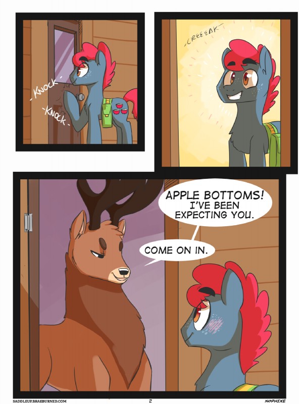 antlers blush brown_body brown_eyes brown_fur cutie_mark dialogue duo feral freckles fur hair horn male red_hair smile text nophixe hasbro my_little_pony apple_split_(mlp) deer earth_pony equid equine horse mammal pony comic english_text hi_res url