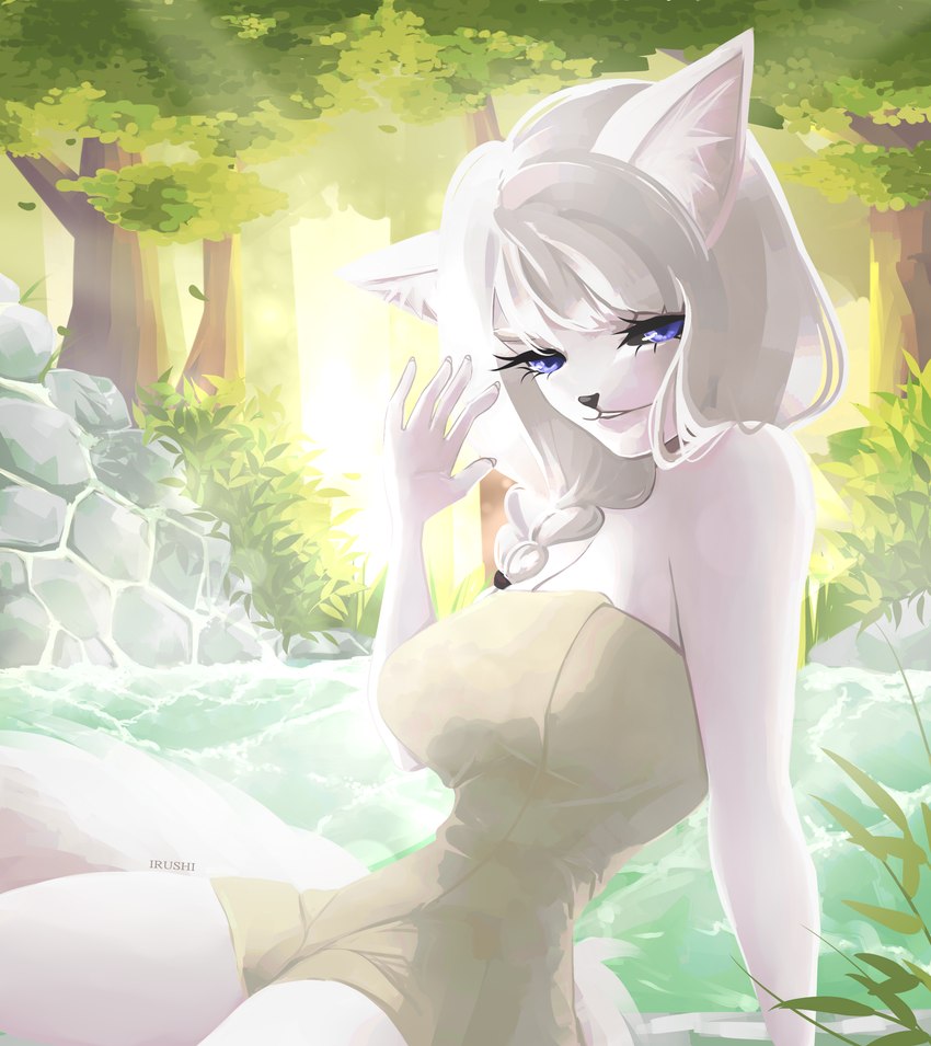 anthro blue_eyes female hot_spring plant rock smile solo towel tree water wave irushi000 alice_destiny arctic_fox canid canine fox mammal true_fox hi_res