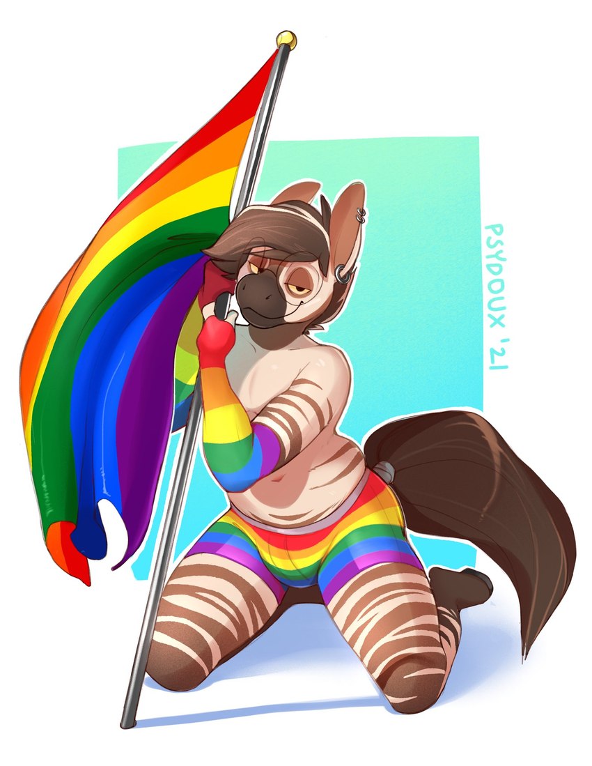 anthro bedroom_eyes biped brown_body brown_fur brown_hair bulge closed_smile clothed clothing digitigrade equine_tail eyewear flag flag_(object) fur glasses hair hooves kneeling lgbt_pride male mouth_closed multicolored_body multicolored_fur multicolored_hair narrowed_eyes pride_color_clothing pride_color_elbow_gloves pride_color_underwear pride_colors rainbow_flag rainbow_pride_flag rainbow_symbol seductive skimpy smile solo tail text topless topless_anthro topless_male two_tone_body two_tone_fur two_tone_hair underwear wearing_glasses white_body white_fur white_hair psydoux zeeb_(psydoux) equid equine mammal zebra 2021 artist_name dated digital_drawing_(artwork) digital_media_(artwork) hi_res