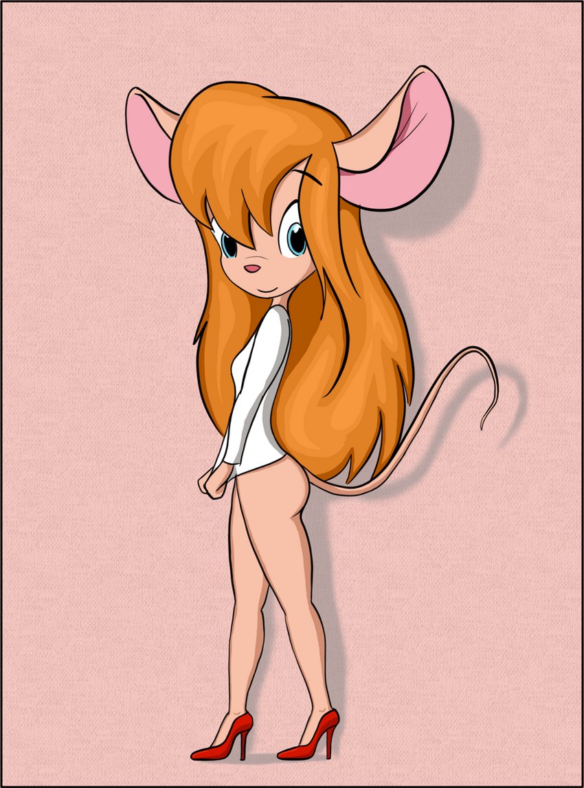 anthro bottomless clothed clothing clothing_pull female footwear high_heels looking_at_viewer pink_background red_clothing red_footwear red_shoes shirt shirt_pull shoes simple_background smile solo topwear topwear_pull white_clothing white_shirt white_topwear itsjustflesh chip_'n_dale_rescue_rangers disney gadget_hackwrench mammal mouse murid murine rodent 2015 hi_res