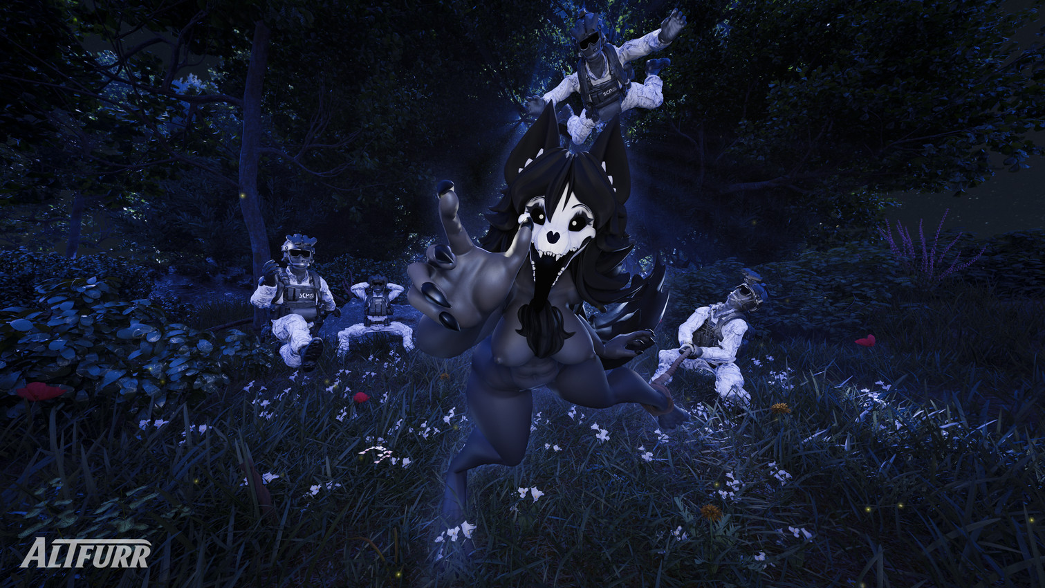 anthro big_breasts black_body black_hair bodily_fluids bone breasts butt female forest forest_background fur genital_fluids genitals group hair male male/female nature nature_background nipples nude plant reaching_out reaching_towards_viewer skull skull_head tail tree altfurr cryptiacurves_(modeler) da.nilkaz_(modeler) scp_foundation mal0 scp-1471-a scp-1471-a_(da.nilkaz) canid canine human humanoid malo mammal 16:9 3d_(artwork) absurd_res animated digital_media_(artwork) hi_res huge_filesize widescreen